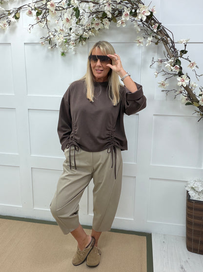 Nancy: NYC ruched sweatshirt. One size: 10-16. 3 colours