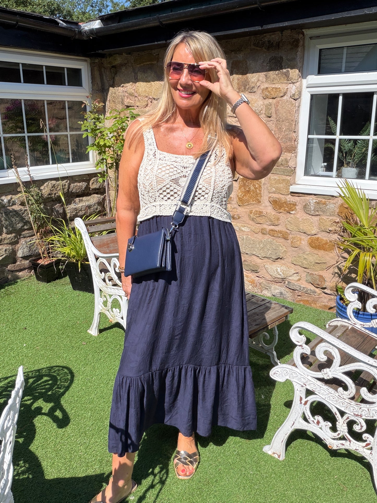 Carly: Cream crochet top maxi dress. One size: 10-16. 3 colours