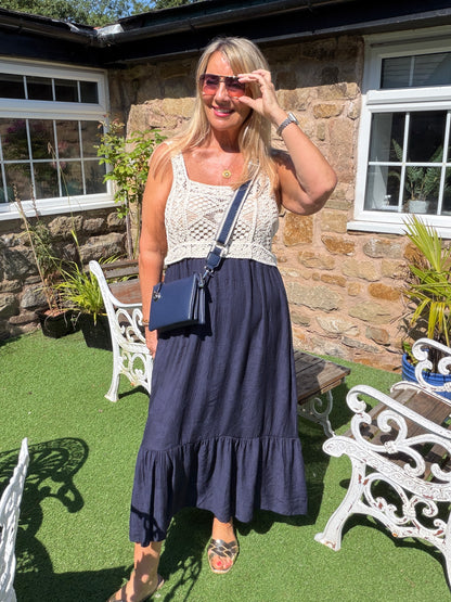 Carly: Cream crochet top maxi dress. One size: 10-16. 3 colours
