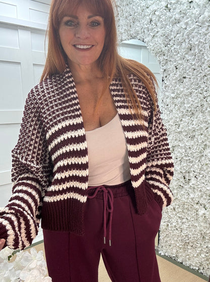 Mel: Burgundy & cream knitted cardigan. One size: 12-18