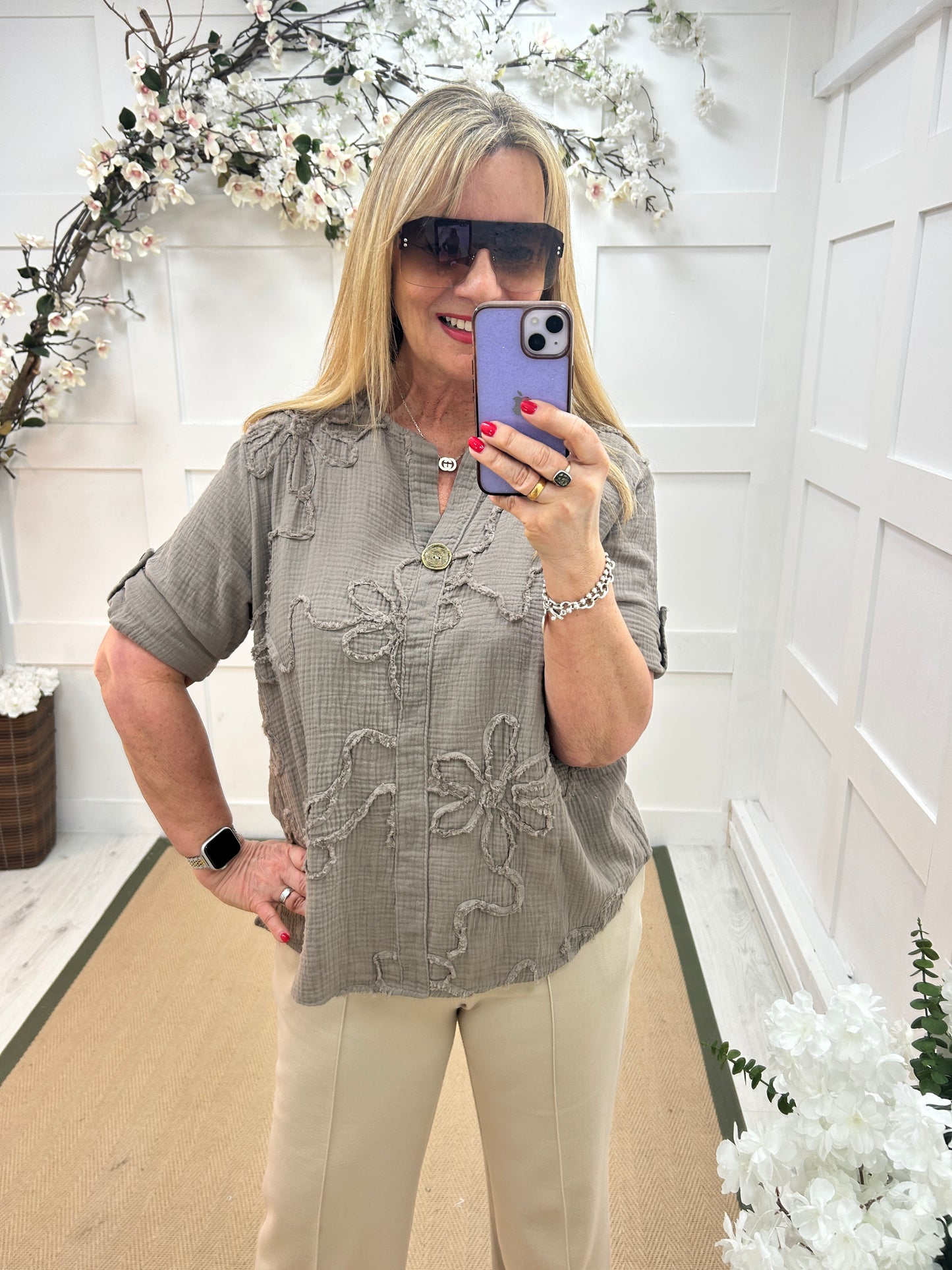 Eden: Mocha cotton floral embroidered top. One size: 12-18