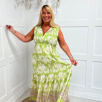 Danni: Lime & cream V neck maxi dress. One size: 12-18