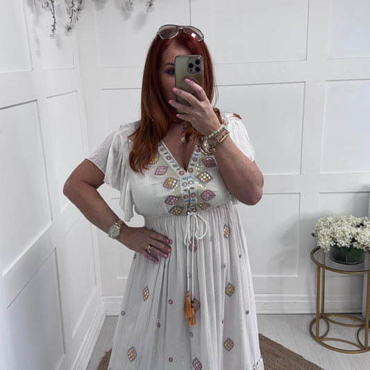 Georgia: White & pink embroidered maxi dress. One size: 8-16