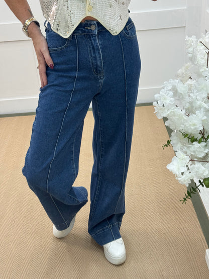 Benita: Blue high waist wide leg jeans. Sizes: 6-14