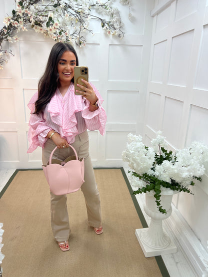 Raye: Pink striped ruffle blouse. One size 10-14