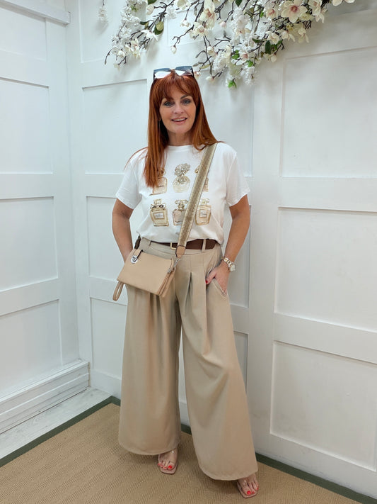 Priya: White & beige 3D perfume T shirt. One size: 12-18