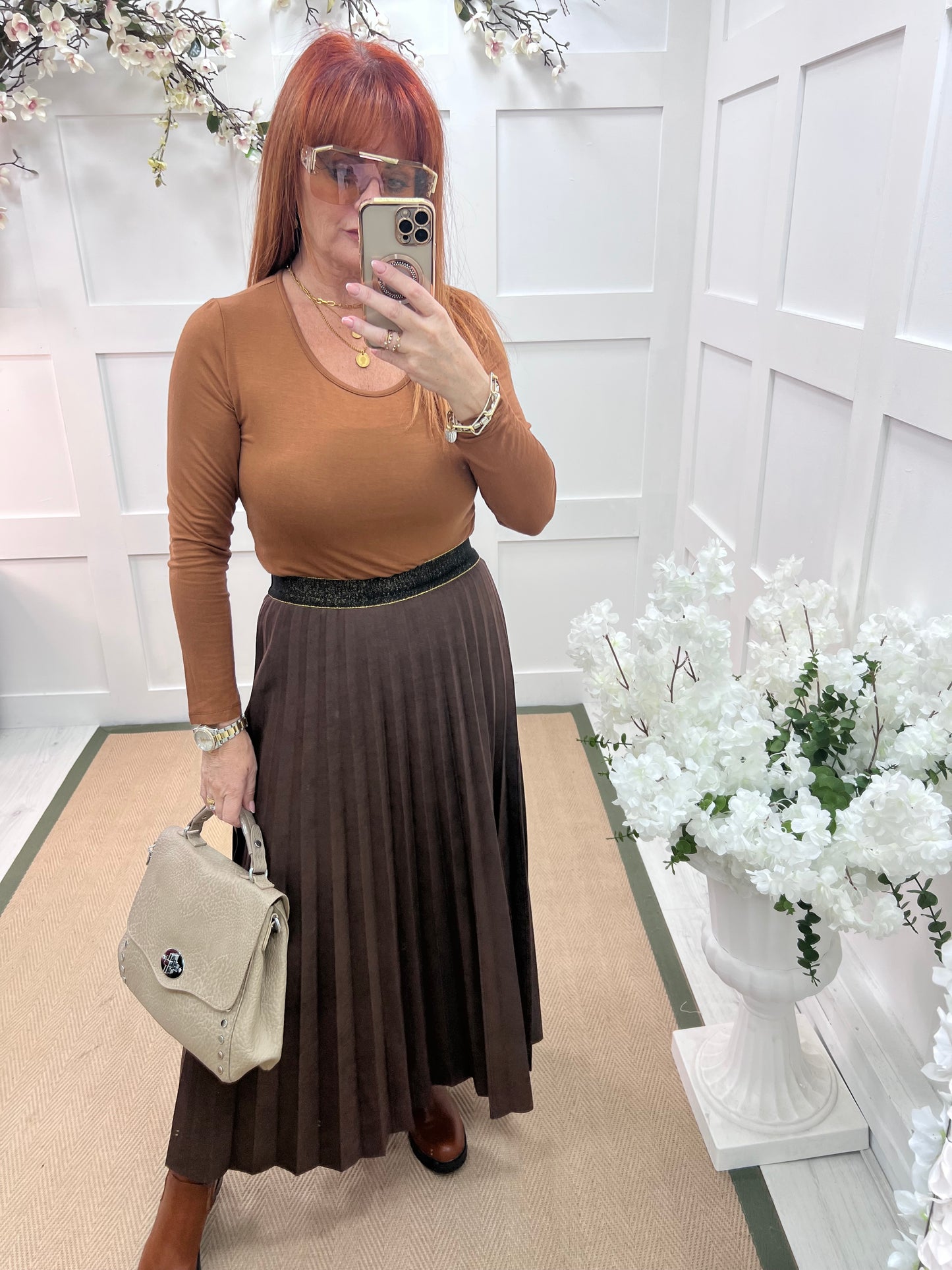 Mara: Brown suedette pleated maxi skirt. One size: 12-16