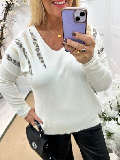 Pasha: Winter white leopard print sequin top. One size: 12-18