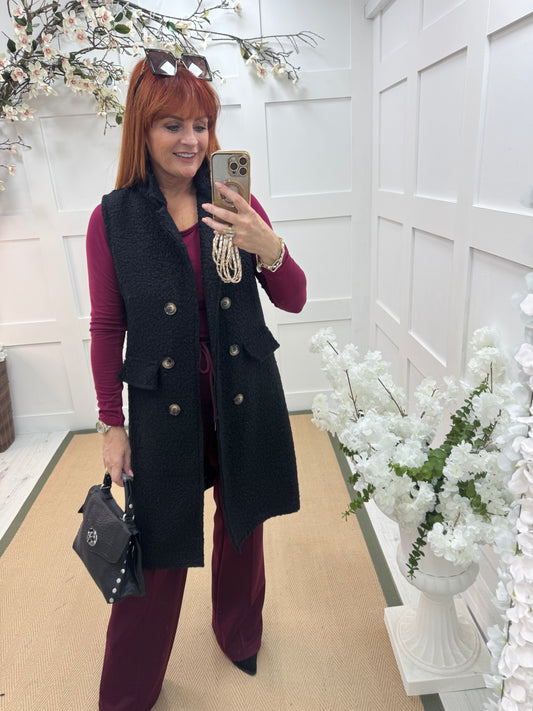 Kay: Black boucle long waistcoat. One size 10-16