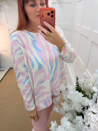 Lilia: Pink & blue zebra print long sleeve top. One size: 12-20
