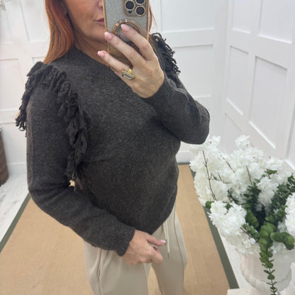 Carmel: Brown fringe knitted top. One size: 10-16