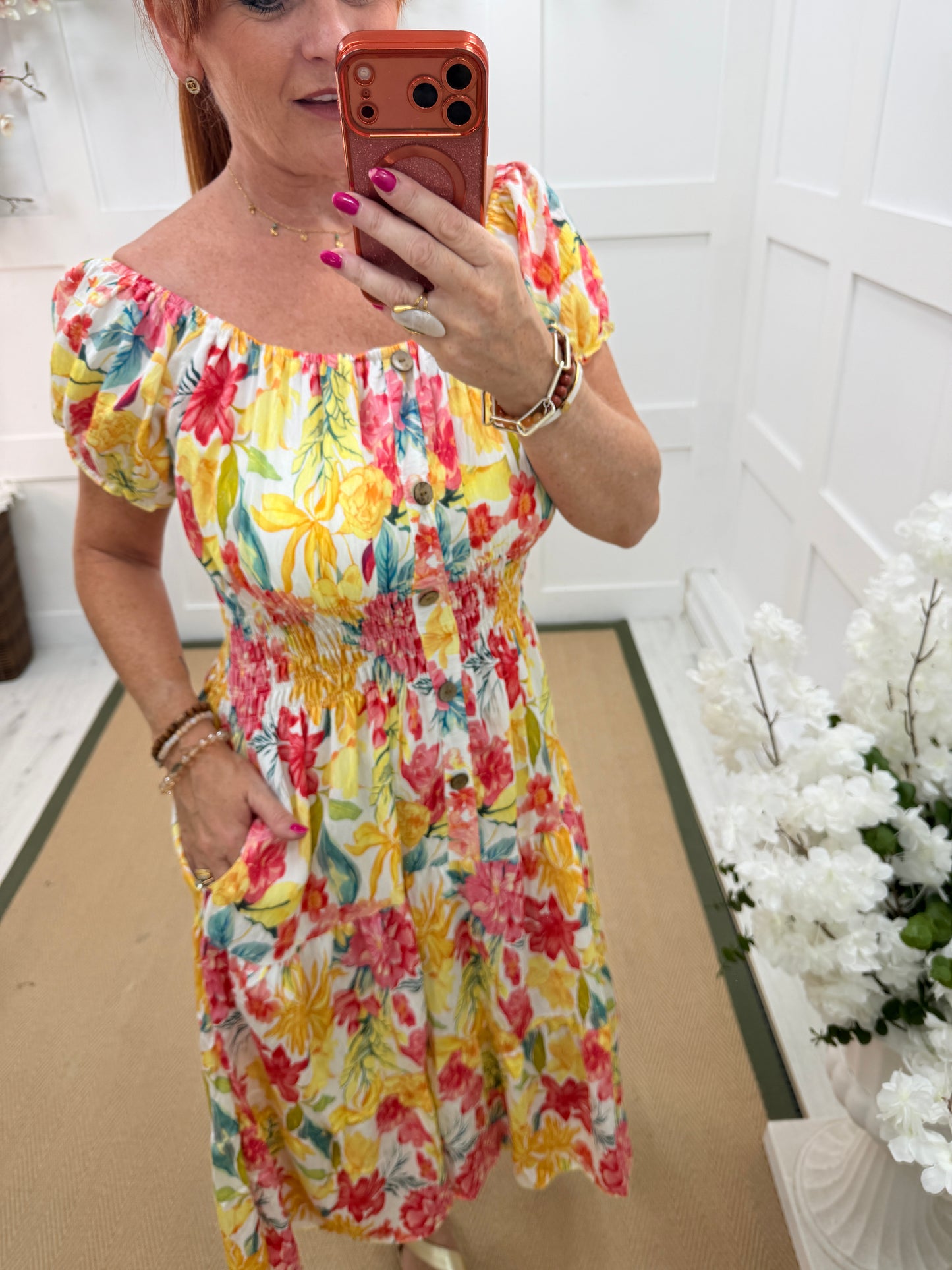 Florrie: Floral buttoned front bardot printed stretchy midi dress. One size: 10-18. 2 colours