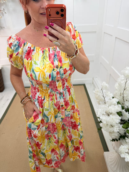 Florrie: Floral buttoned front bardot printed stretchy midi dress. One size: 10-18. 2 colours