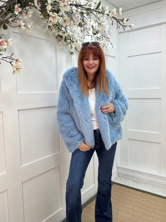 Foxy: Blue short faux fur hooded jacket. One size 12-16