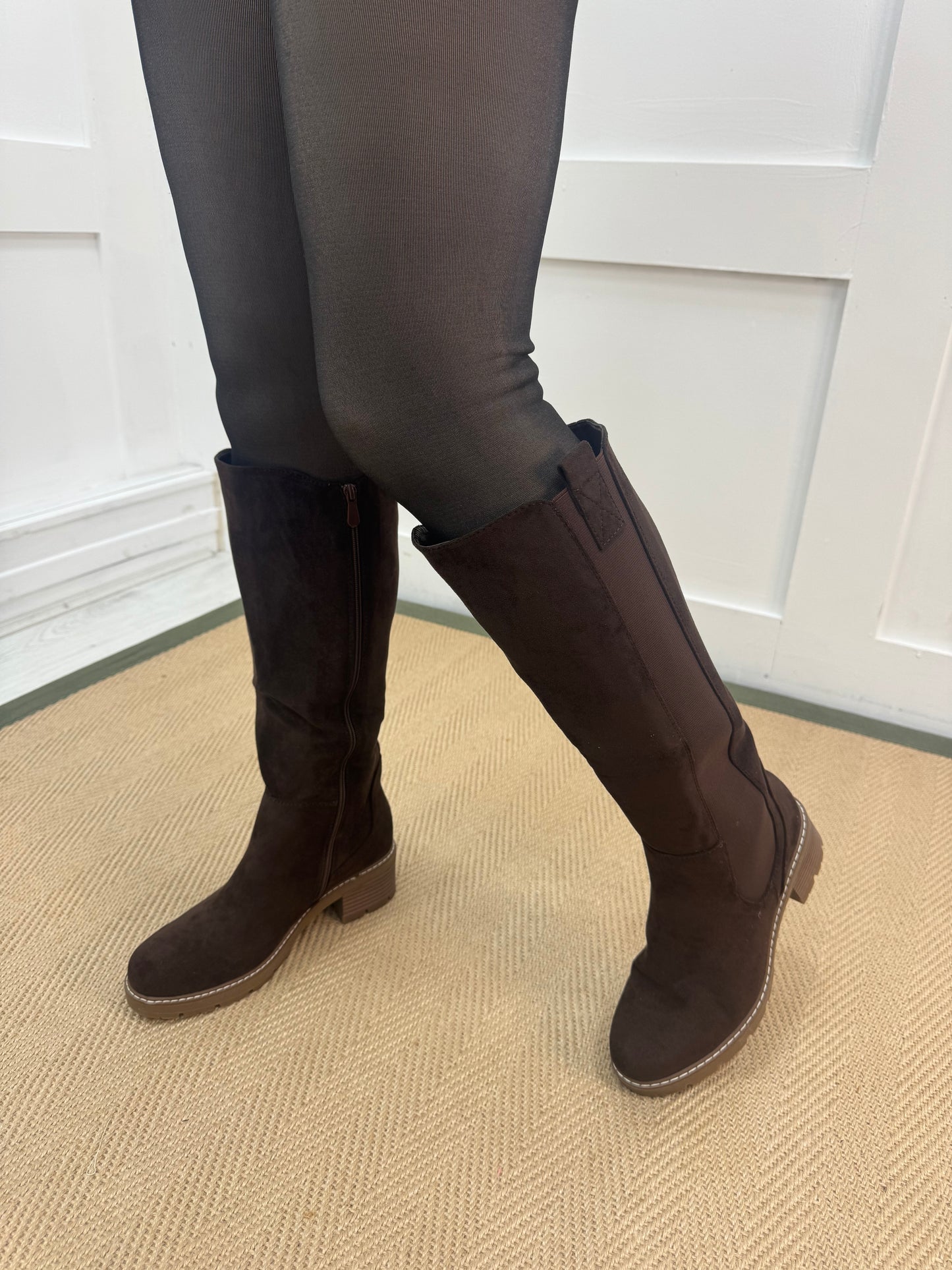 Tessa: Brown stretchy knee high boots. Sizes 3-8