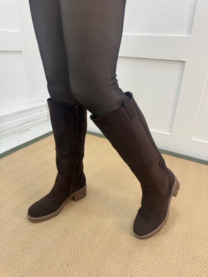 Tessa: Brown stretchy knee high boots. Sizes 3-8