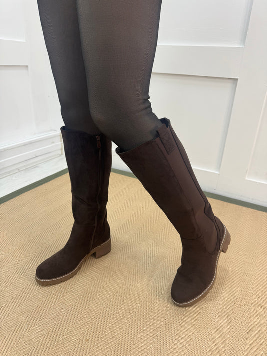 Tessa: Brown stretchy knee high boots. Sizes 3-8