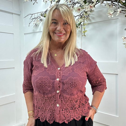 Effie: Burgundy embroidered cardigan top. One size: 12-18
