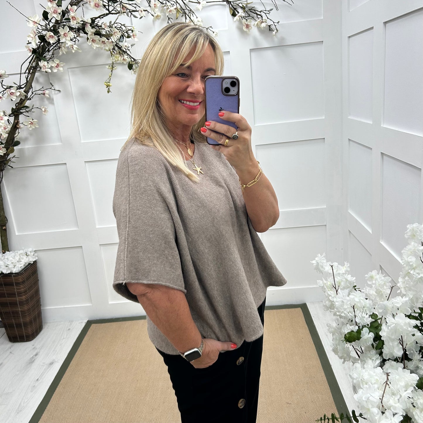 Carys: Mocha short knitted top. One size: 12-18/20
