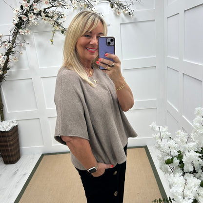 Carys: Mocha short knitted top. One size: 12-18/20