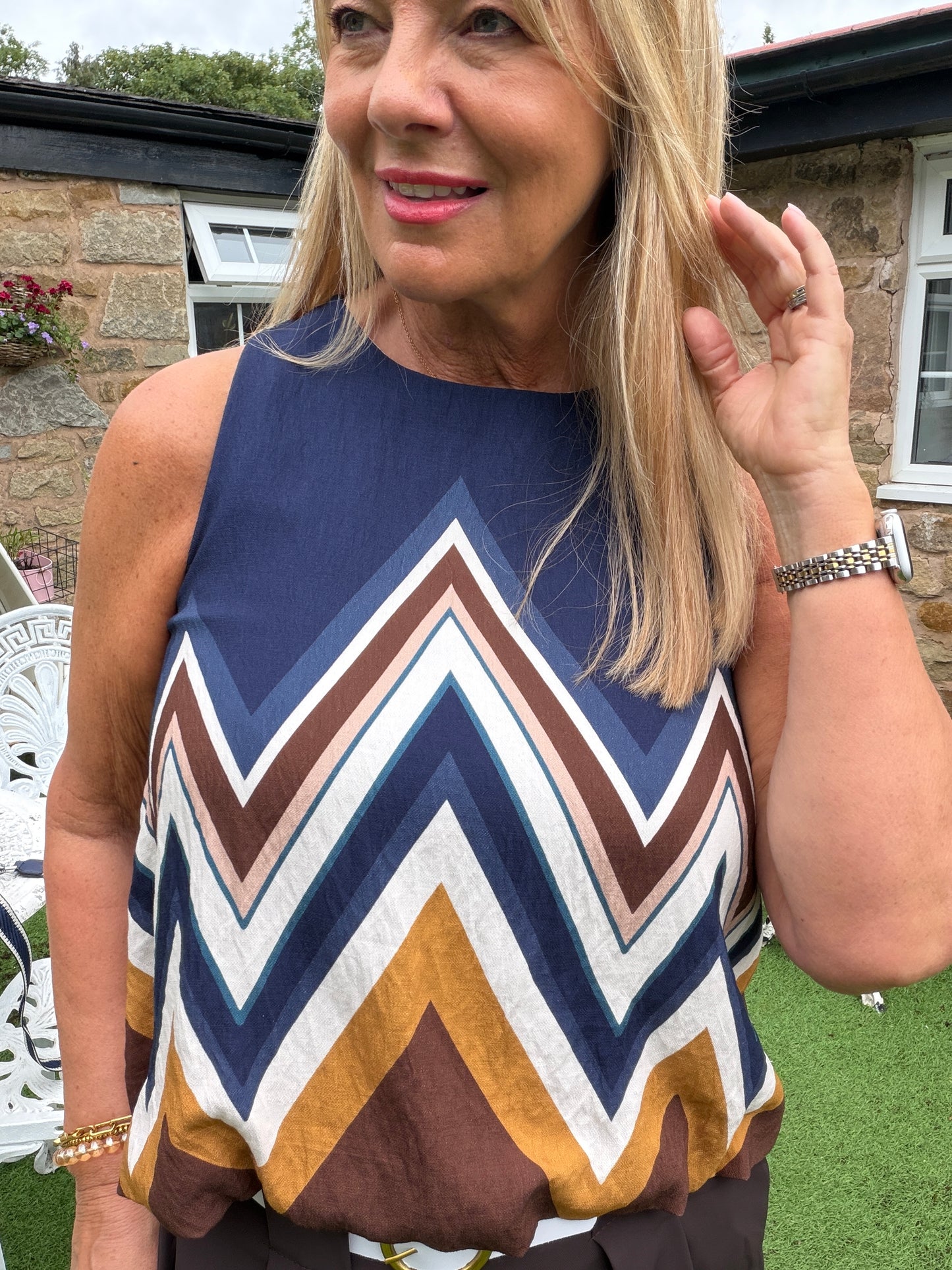 Christy: Chevron print sleeveless top. One Sz: 10-14. 3 colours