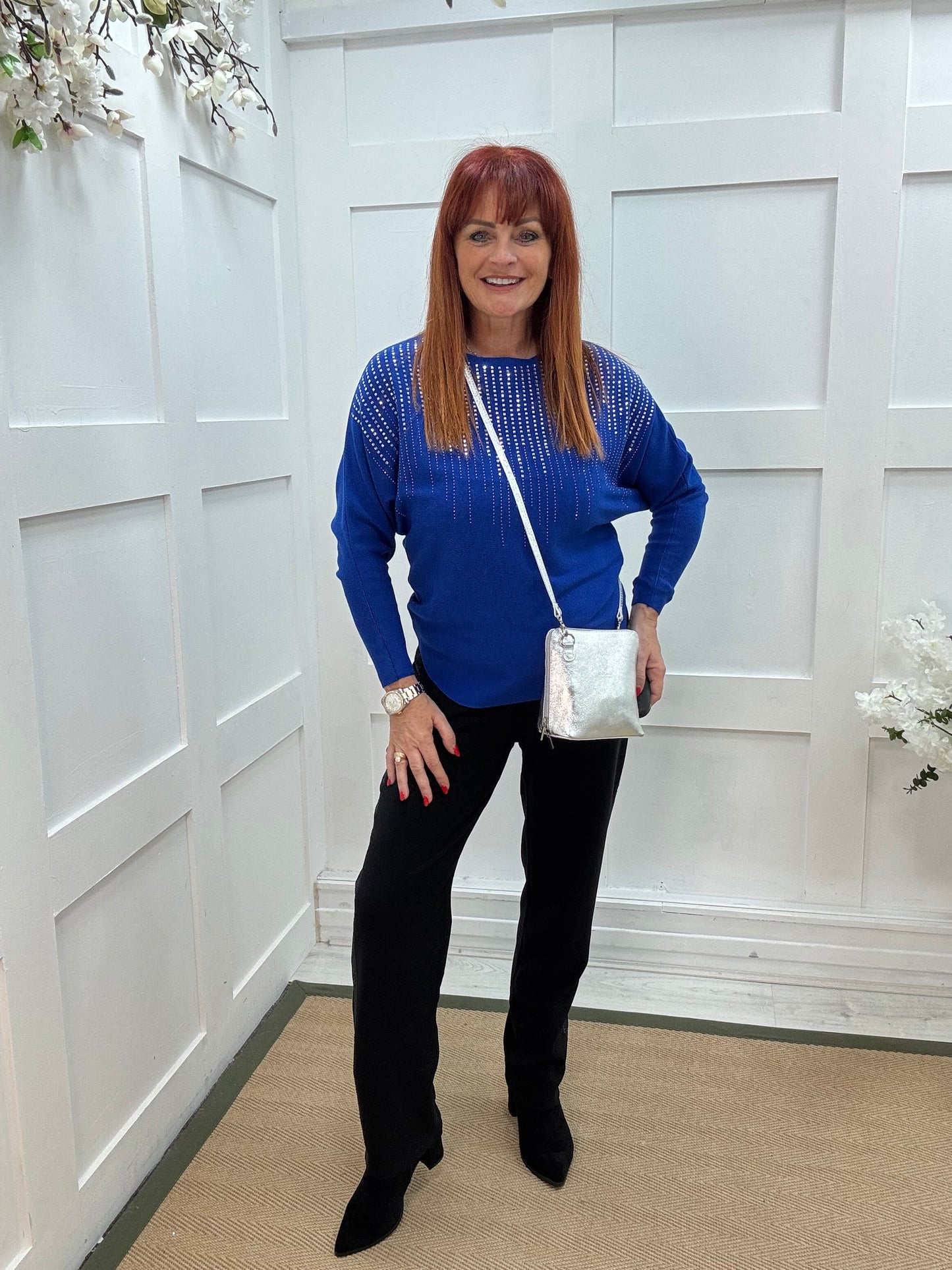 Arabella: Blue diamanté long sleeve top. One size: 12-16