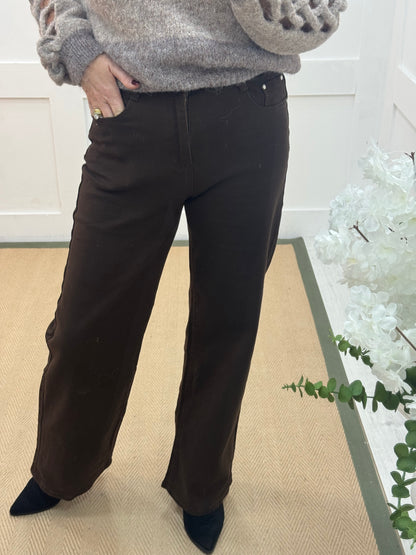 Beau: Brown high waist wide leg jeans. Sizes: 10-20