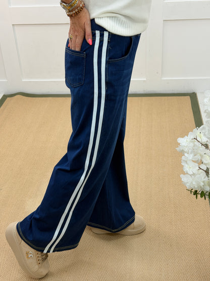JoJo: Blue sports stripe jeans style trousers. 3 Sizes