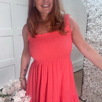 Molly: Coral shirred maxi dress. One size: 10-18