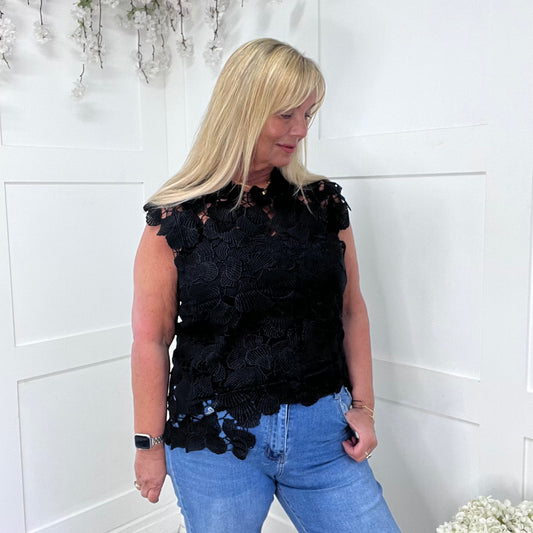 Camille: Black open lace asymmetrical top. One size: 12-16