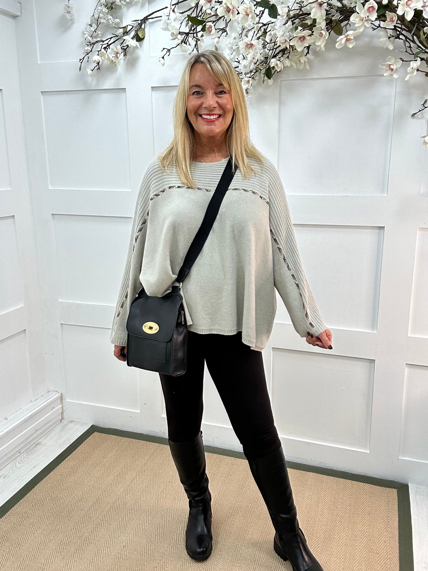 Indra: Stone oversized diamanté stripe top. One size: Free size