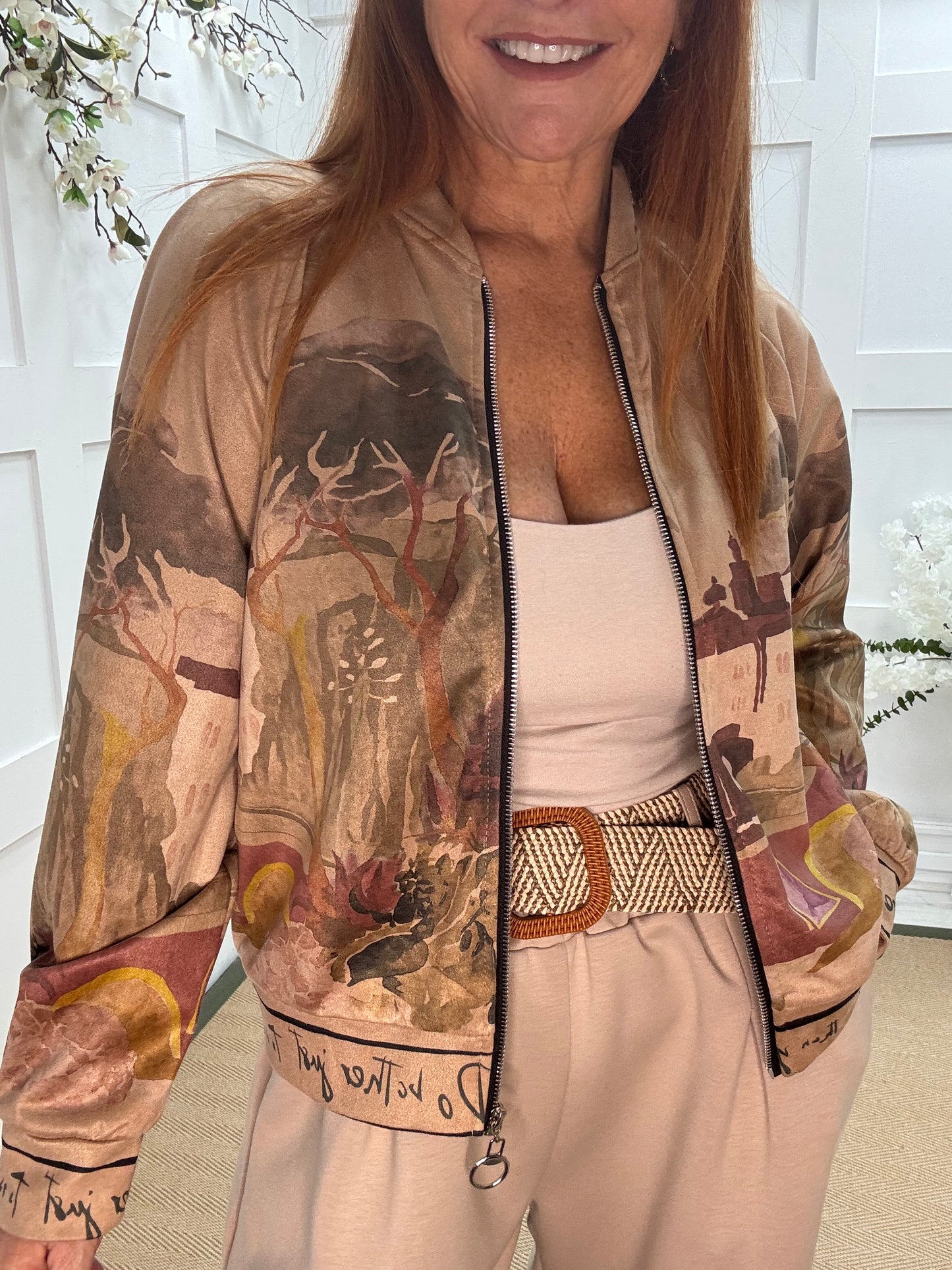 Bailey: Sand soft feel Amalfi bomber jacket. One size: 12-18