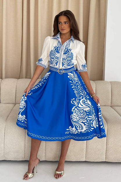 Holland: Blue & white print belted dress. Sizes: 12-18