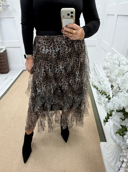 Teagan: Leopard print tulle layered maxi skirt. One size: 12-18
