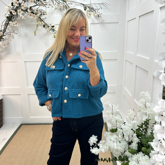Bridget: Teal short boucle button jacket. One: 12-20