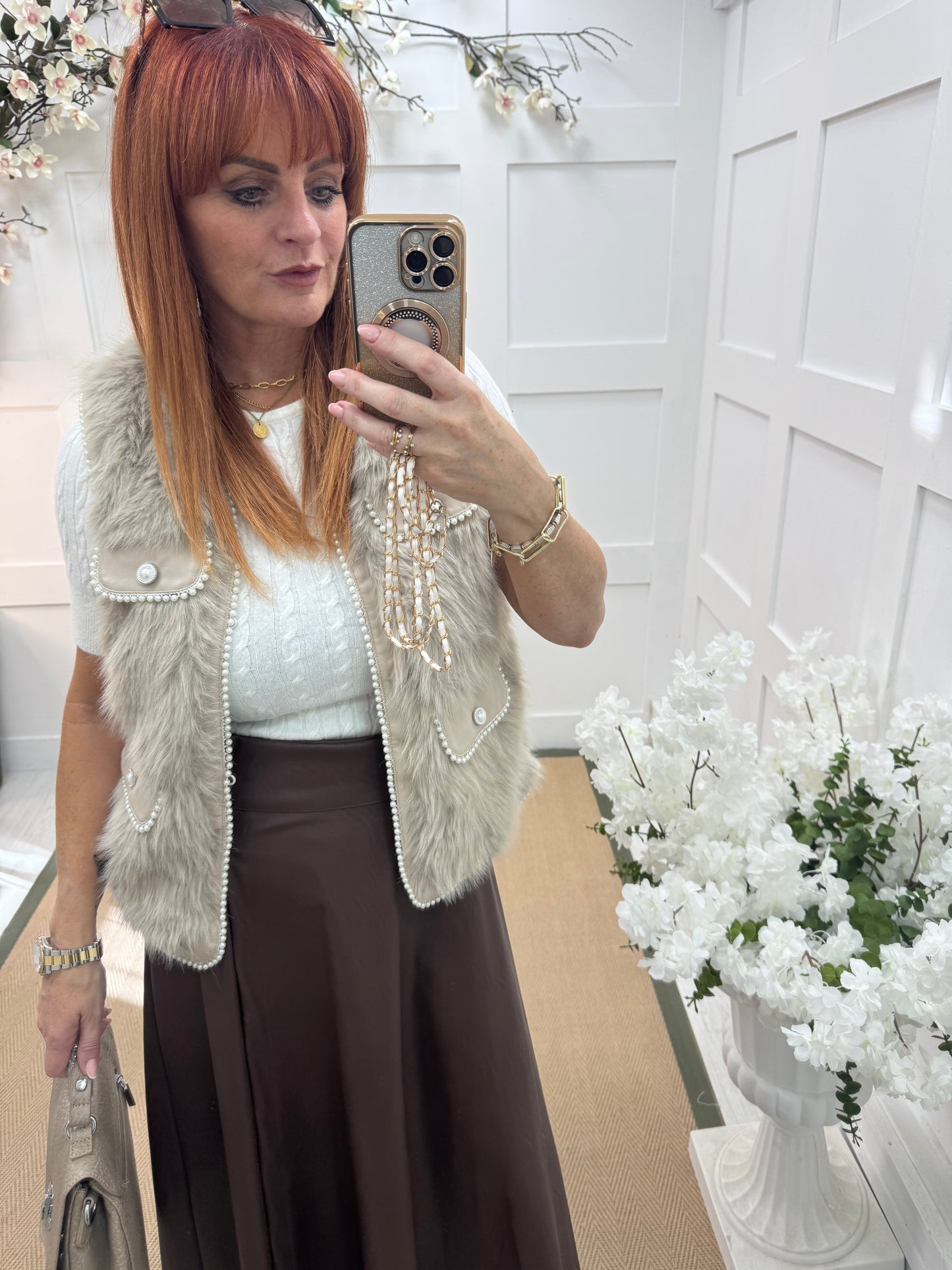 Krista: Stone faux fur pearl waistcoat. One size: 10-14