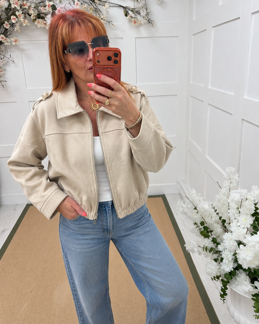 Memphis: Faux suede military style bomber jacket. One size 10-18