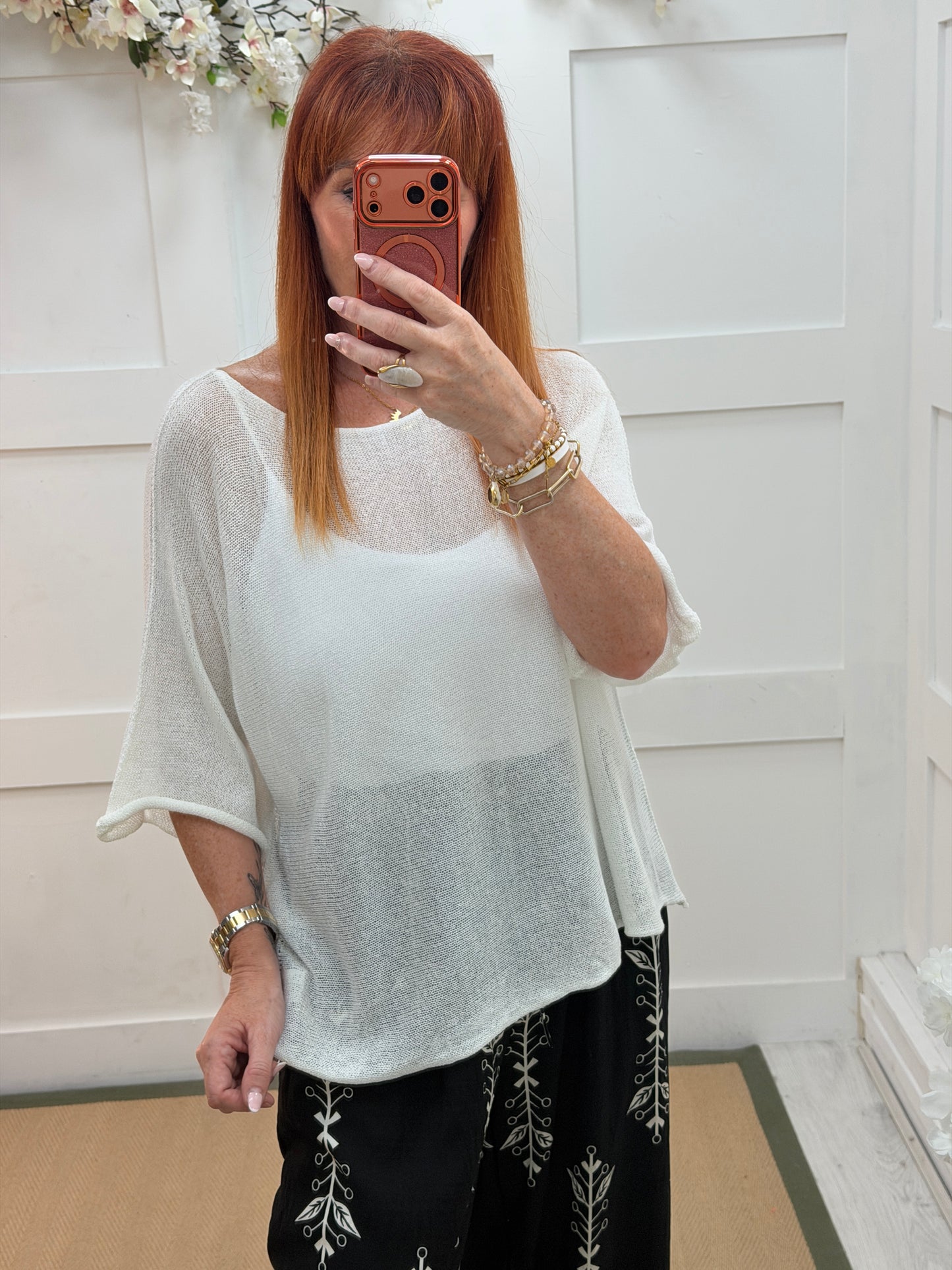Leonie: Light weight fine knit short sleeve top. One size: 12-18. 7 colours