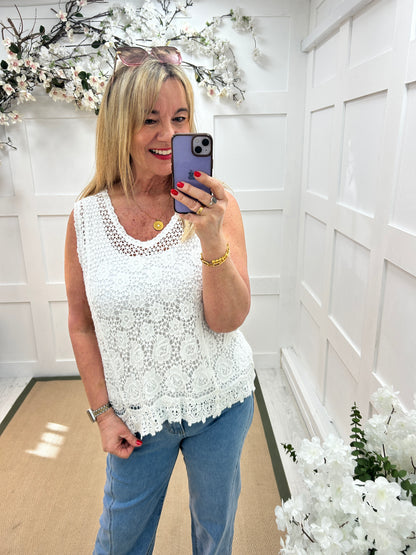 Morgan: White floral crochet lace sleeveless top. One size: 12-16