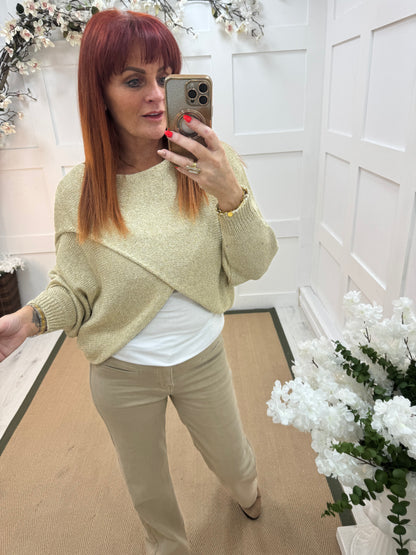 Aurora: Gold stretchy lurex wrap top. One size: 10-18