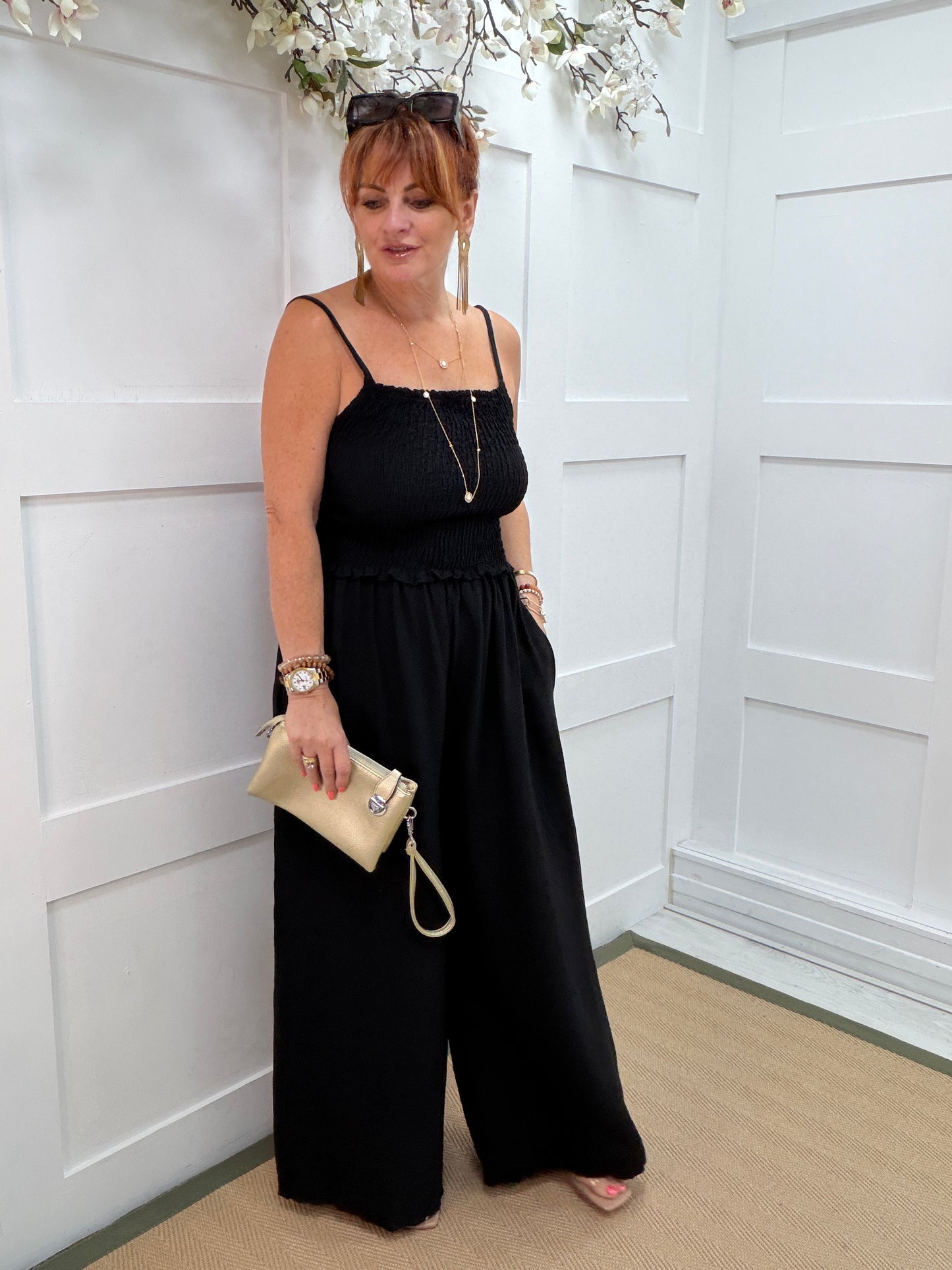 Allegra: Shirred bodice wide leg jumpsuit. 8-16. 5 colours