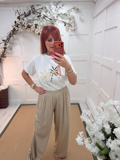 Palma: White crochet & diamanté palm tree T shirt. 2 sizes