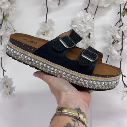 Nadia: Black 2 strap wedge sliders. Sizes: 3-8