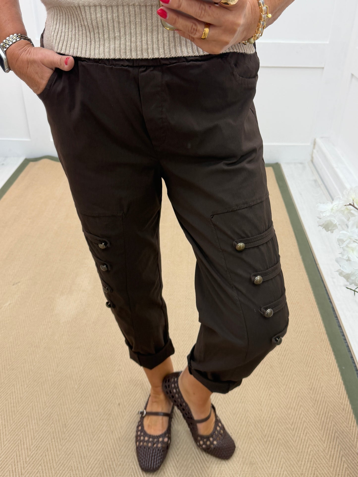 Mika: Stretchy military button detail magic trousers. One size 14-18. 3 colours