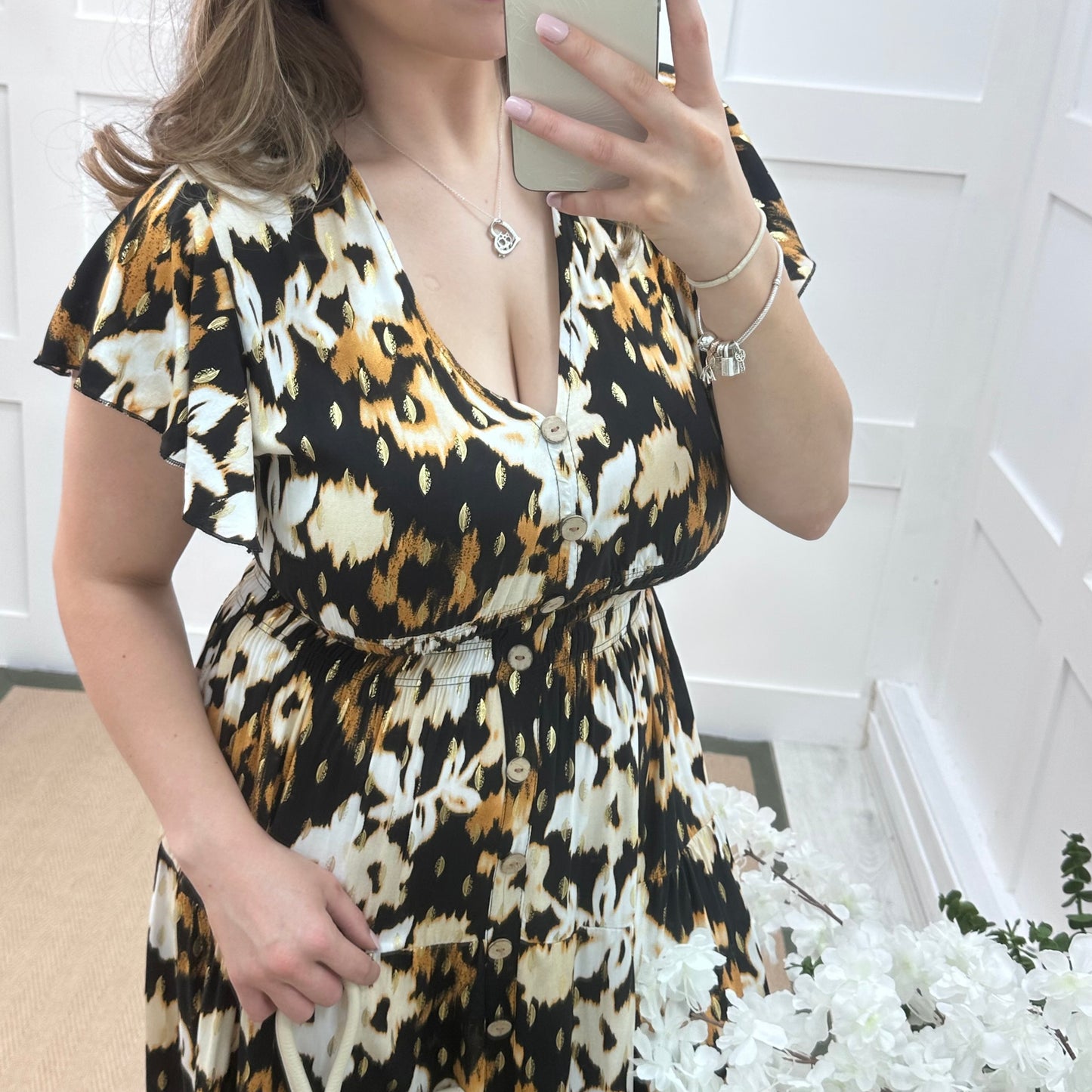 Charley: Black, orange & white  V neck stretchy maxi dress. One size: 10-20