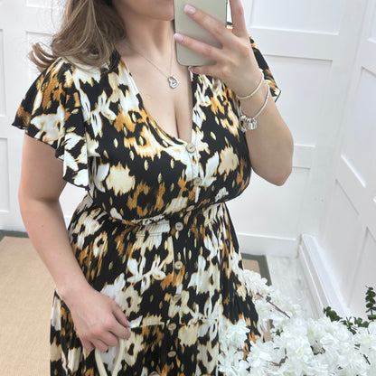 Charley: Black, orange & white  V neck stretchy maxi dress. One size: 10-20