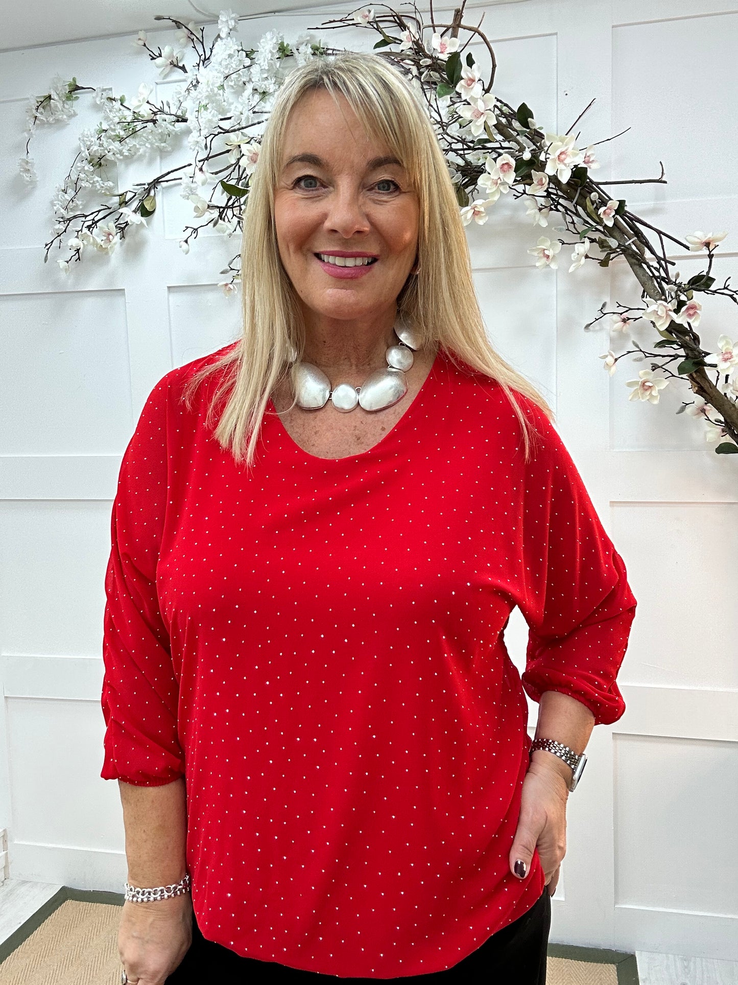 Ava: Red diamanté sparkle top. One size: 12-18