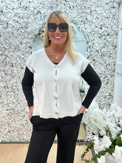 Nula: Winter white plain button waistcoat. One size: 14-20