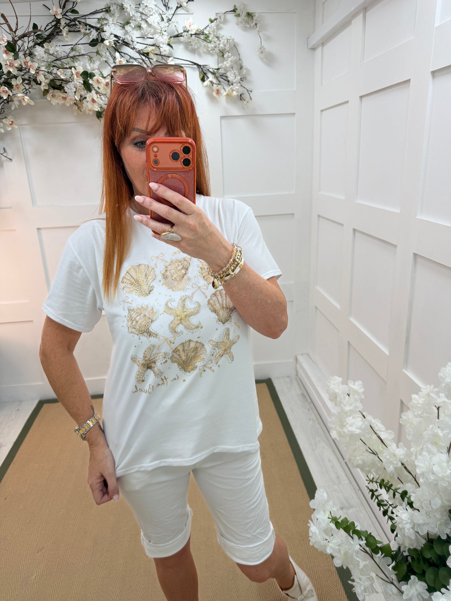 Skye: White diamanté seashell T shirt. One size: 12-18. 3 colours