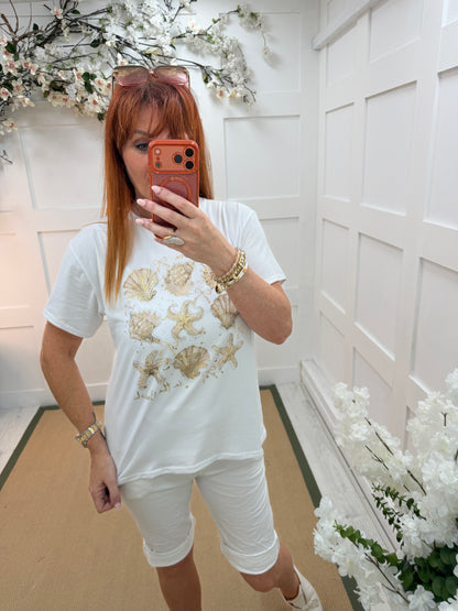 Skye: White diamanté seashell T shirt. One size: 12-18. 3 colours